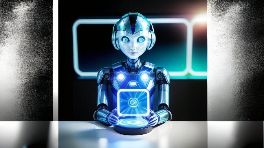 A futuristic scene showcasing the integration of AI in content creation and SEO in 2025. At the center is a sleek, modern AI robot with a glowing interface, interacting with a large holographic display.